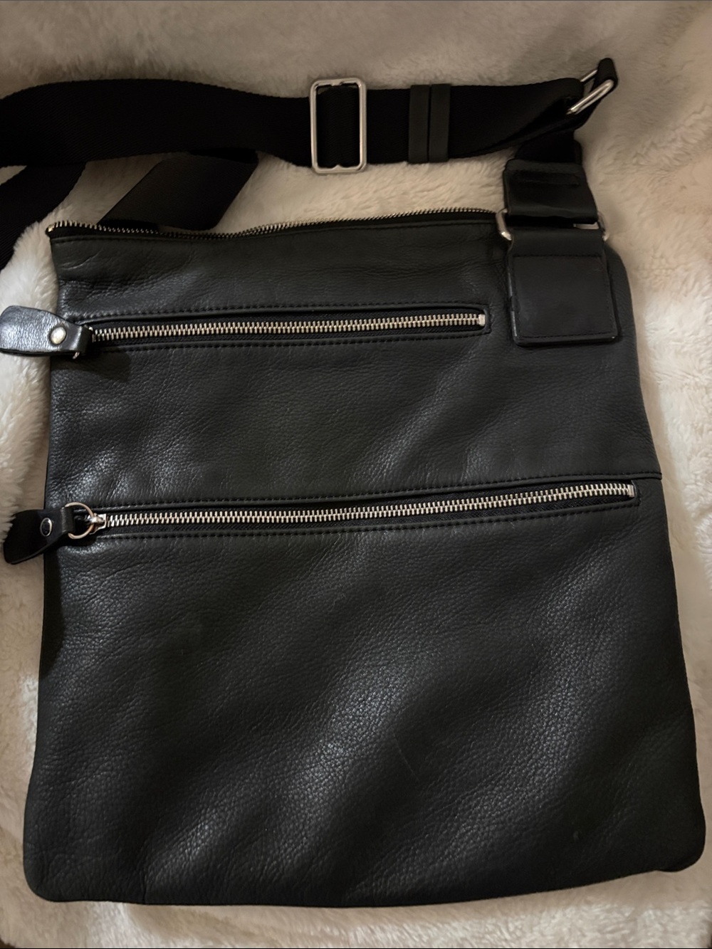 margot Black Leather Messenger Bag with Silver Zippers
